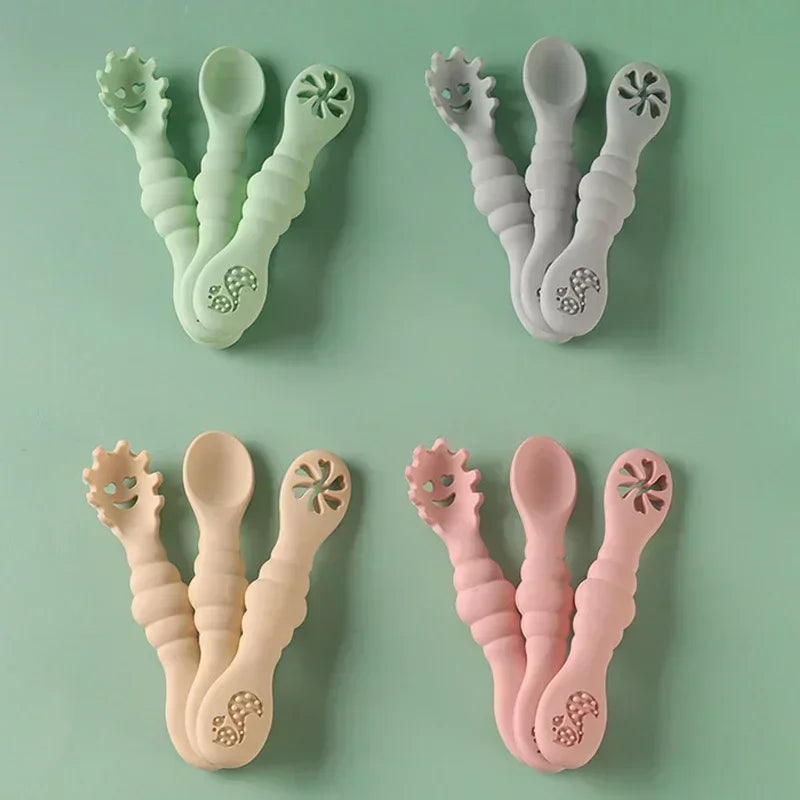 3PCS Silicone Spoon Fork for Baby Utensils Set Feeding Food Toddler 