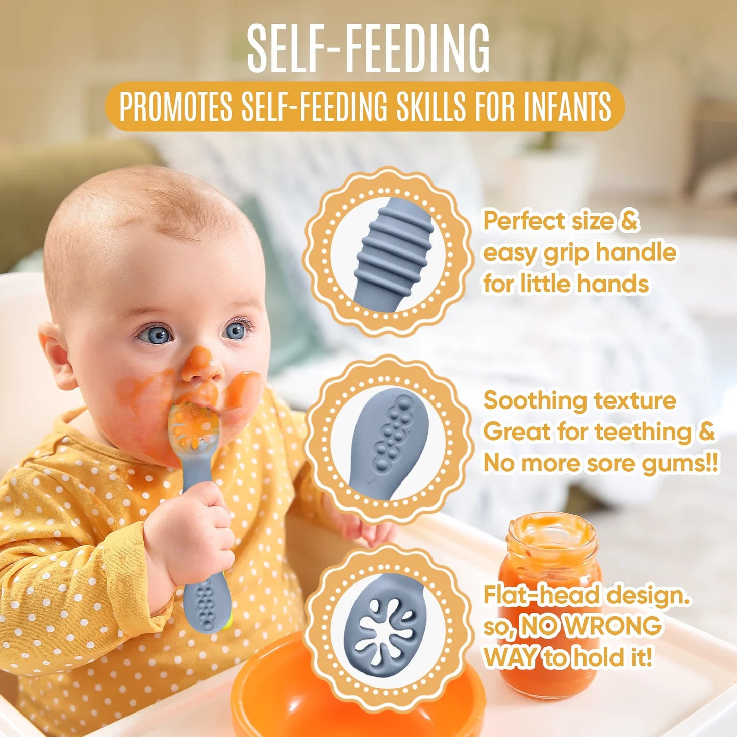 4Pc Silicone Baby Utensils Set, Self-Feeding Spoons & Fork for 6-12 Months, Toddler Essentials (Grey/Beige)