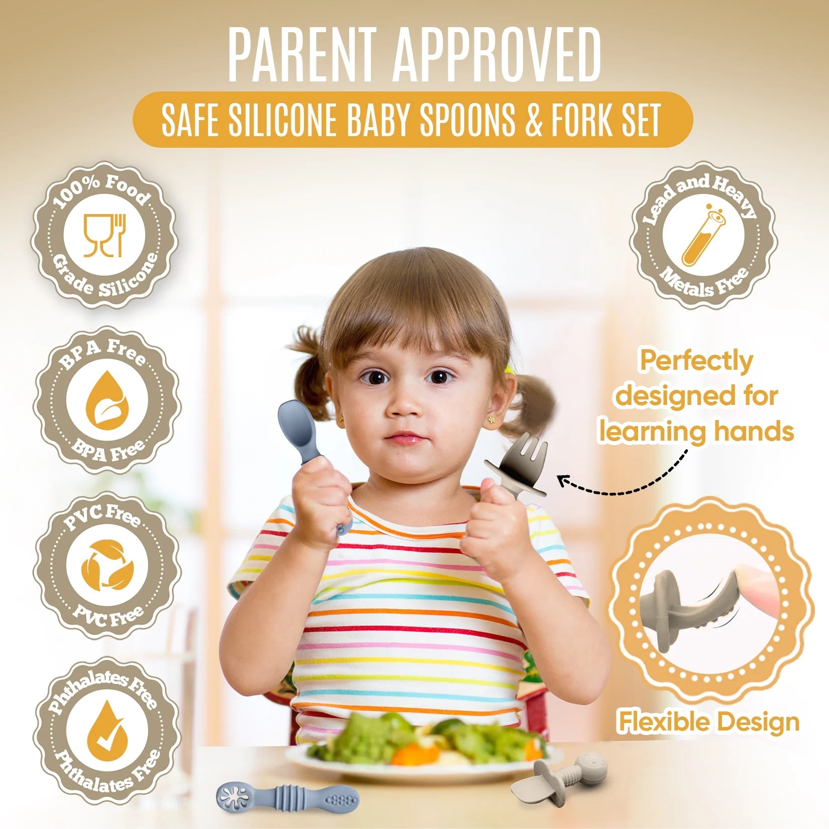 4Pc Silicone Baby Utensils Set, Self-Feeding Spoons & Fork for 6-12 Months, Toddler Essentials (Grey/Beige)