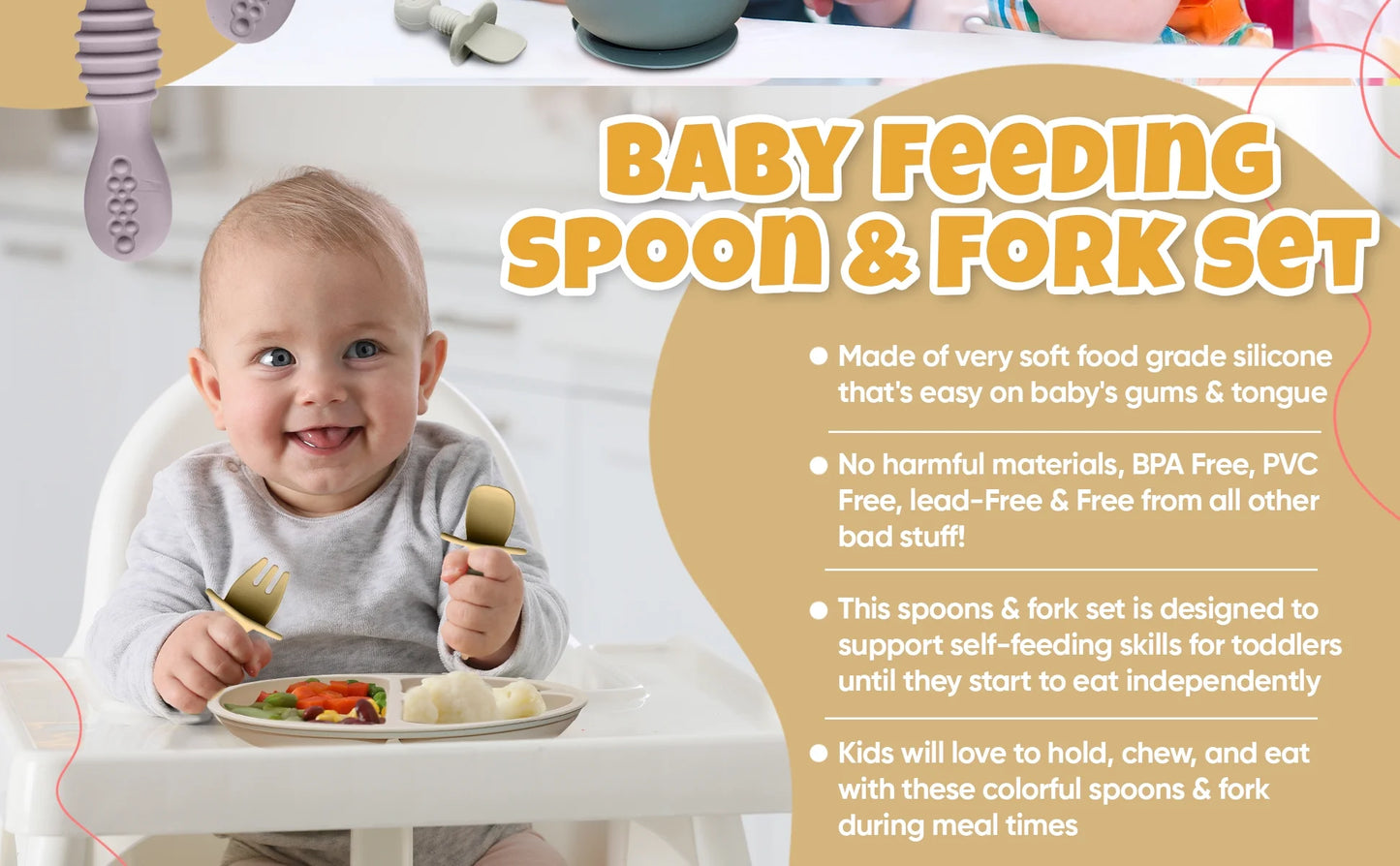 4Pc Silicone Baby Utensils Set, Self-Feeding Spoons & Fork for 6-12 Months, Toddler Essentials (Grey/Beige)