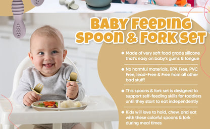 4Pc Silicone Baby Utensils Set, Self-Feeding Spoons & Fork for 6-12 Months, Toddler Essentials (Grey/Beige)